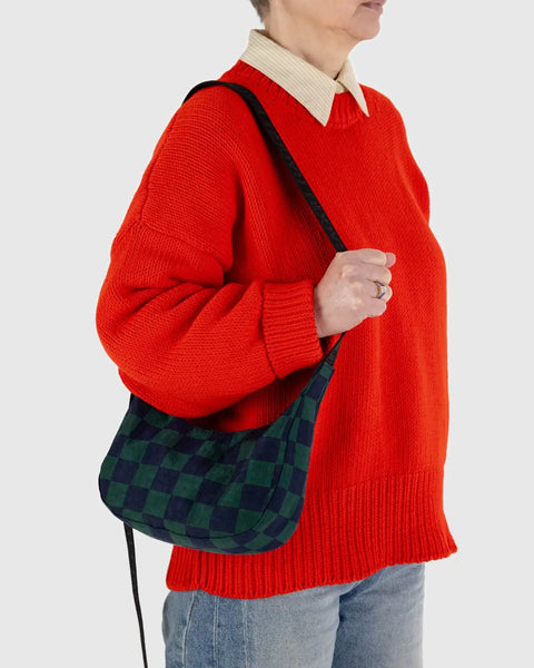 Small Nylon Crescent Bag // Navy Green Check