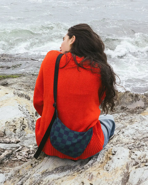 Small Nylon Crescent Bag // Navy Green Check